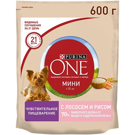Корм для собак Purina One Mini чувствительное пищеварение лосось-рис 600г