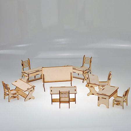 Игровой деревянный класс Amazwood 5 парт- учительский стол - доска - 6 стульев - 6 кукол