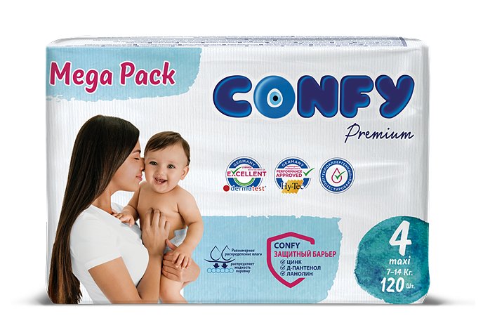 Подгузники CONFY детские Premium 7-14 кг размер 4 120 шт