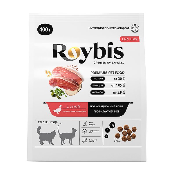 Корм для кошек Roybis 0.4кг с чувствительным пищеварением для профилактики МКБ с уткой сухой