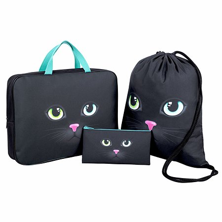 Набор школьника Brauberg для девочки и мальчика папка с ручками А4 мешок для обуви и пенал-косметичка Black cat