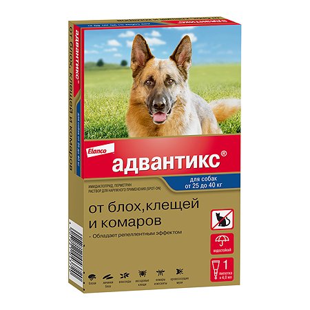 Капли для собак BAYER Адвантикс от 25 до 40 кг против блох и клещей 1пипетка